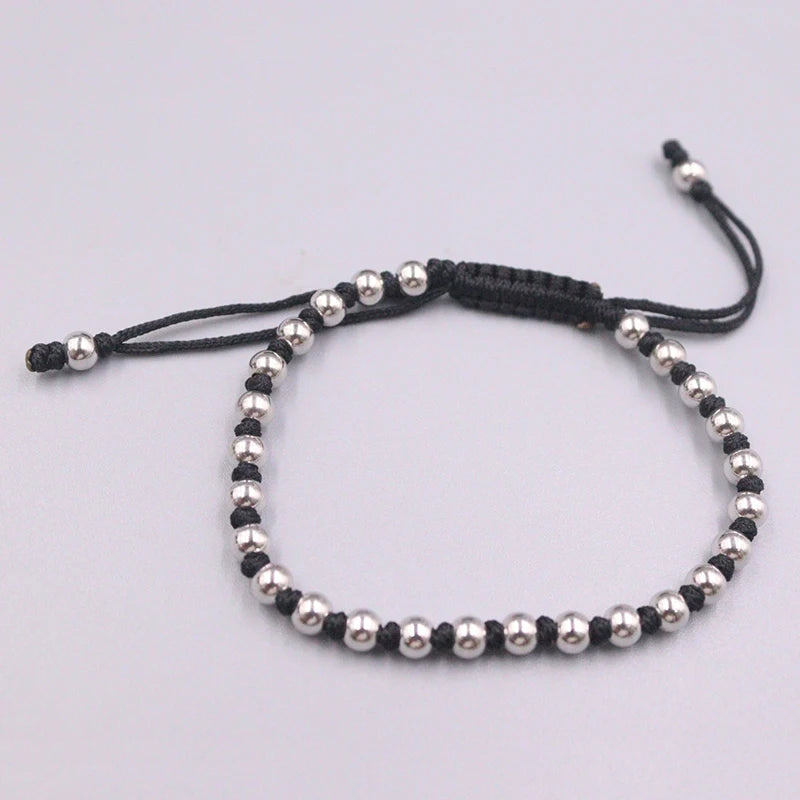 S925 Silver Bead Cord Weave Bracelet 6.3in
