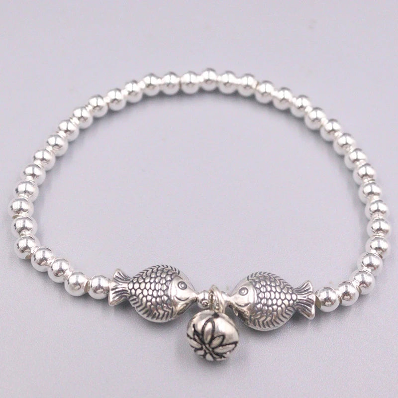 S925 Silver Luck Bracelet with Double Fish Charm 6.3in
