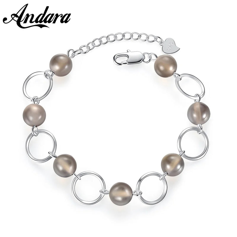 S925 Silver Gray Agate Crystal Bead Bracelet for Women