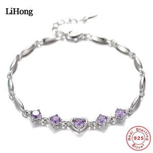 S925 Sterling Silver Purple Crystal Zircon Lucky Bracelet Women Engagement Charm
