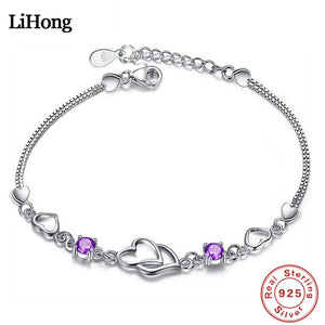 925 Silver Bracelet Purple Zircon Double Heart Bracelet