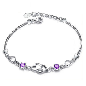 925 Silver Purple Zircon Double Heart Bracelet