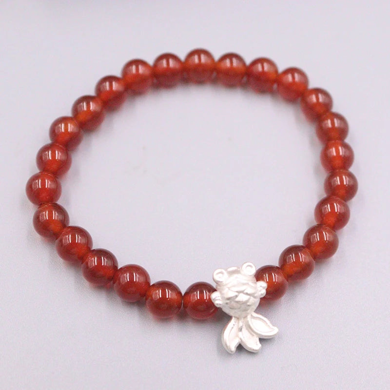 S925 Silver Bracelet Goldfish with Red Agate Beads Link Gift