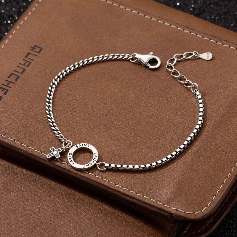 S925 Sterling Silver Bracelet Vintage Cross Circle Bracelets Bangle