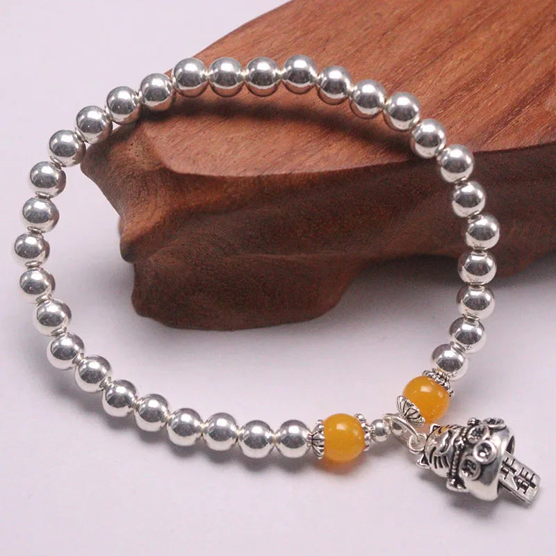 S925 Silver Bracelet Luck Cat Yellow Amber Bead Chain 6.3in