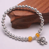 S925 Silver Bracelet Luck Cat Yellow Amber Bead Chain 6.3in