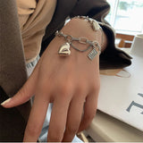 S925 Sterling Silver Bracelet Women Retro Love Hip Hop Pendants Geometry Jewelry