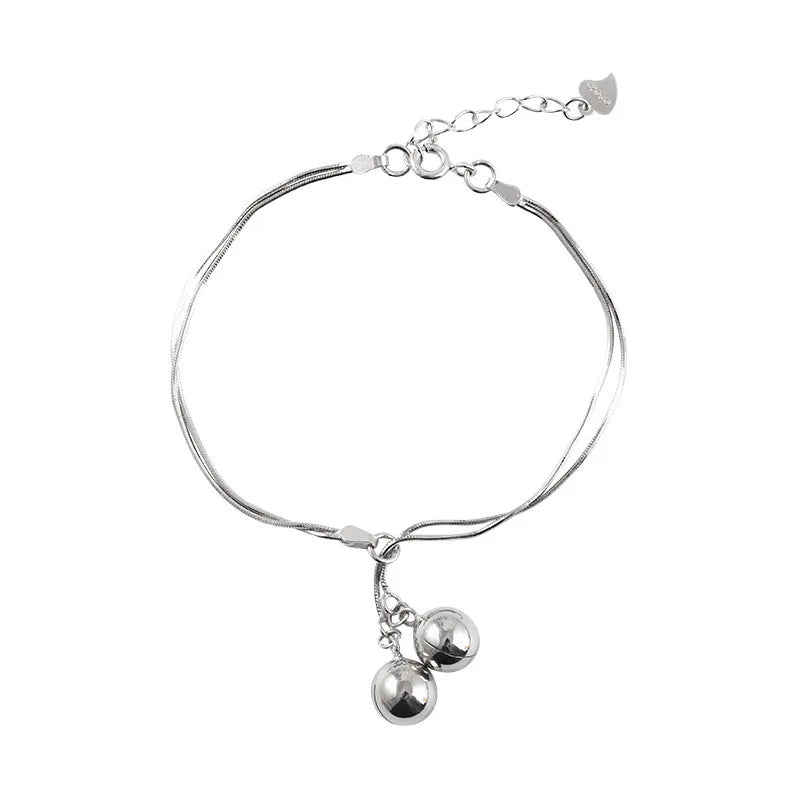 S925 Sterling Silver Double Bell Bracelet for Women Student Jewelry