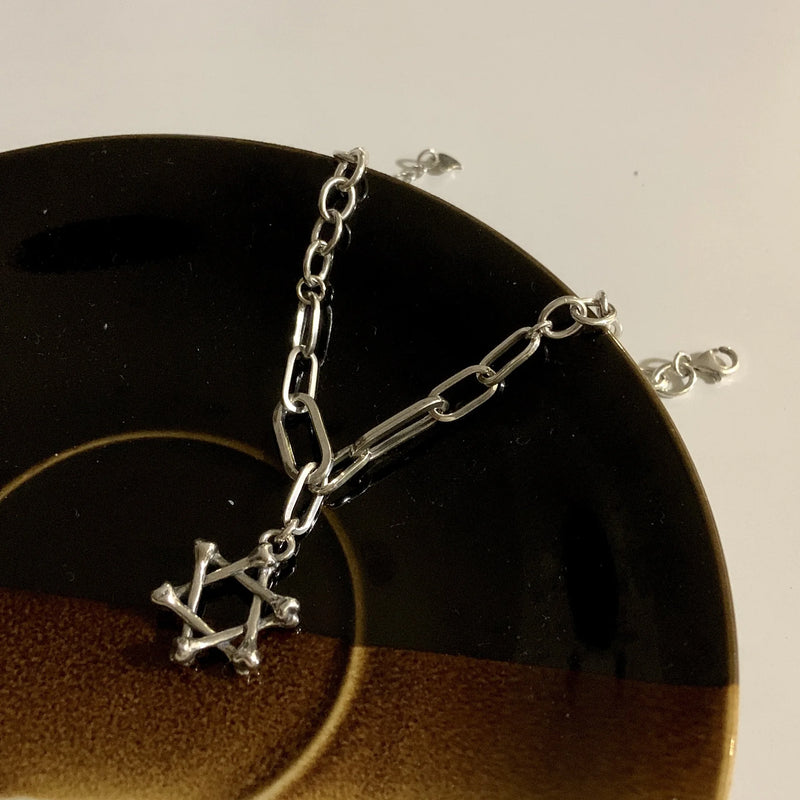 S925 Silver Bracelet Hexagram Pendant Retro Hip Hop Jewelry