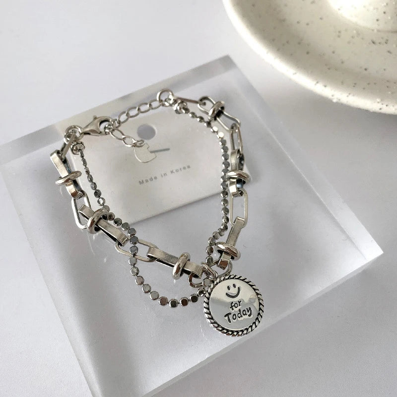 S925 Silver Smiling Face Double Chain Bracelet