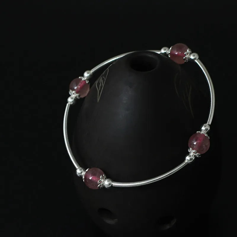 S925 Silver Bracelet Strawberry Quartz Aquamarine Beads