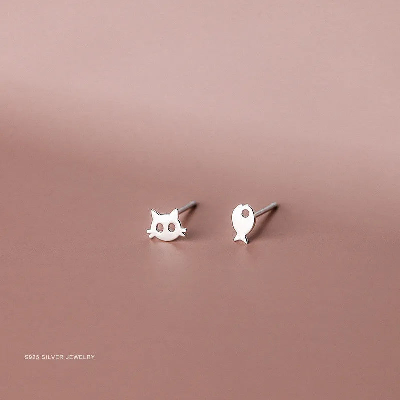 S925 Sterling Silver Cat Small Fish Earrings for Women