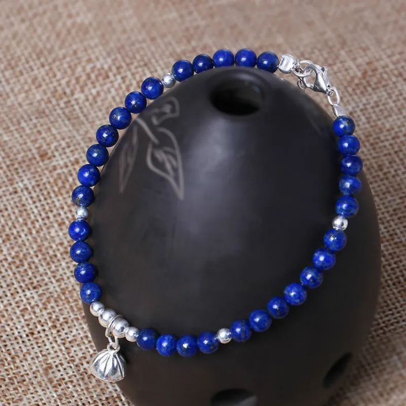 S925 Sterling Silver Lapis Lazuli Bead Bracelet Ethnic Style Women's Jewelry