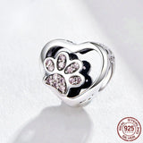 S925 Silver Heart-shaped Pet Paw Print Pink Diamond Inlaid DIY Bracelet