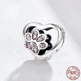 S925 Silver Heart-shaped Pet Paw Print Pink Diamond Inlaid DIY Bracelet