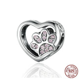 S925 Silver Heart-shaped Pet Paw Print Pink Diamond Inlaid DIY Bracelet