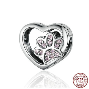S925 Silver Heart-shaped Pet Paw Print Pink Diamond Inlaid DIY Bracelet