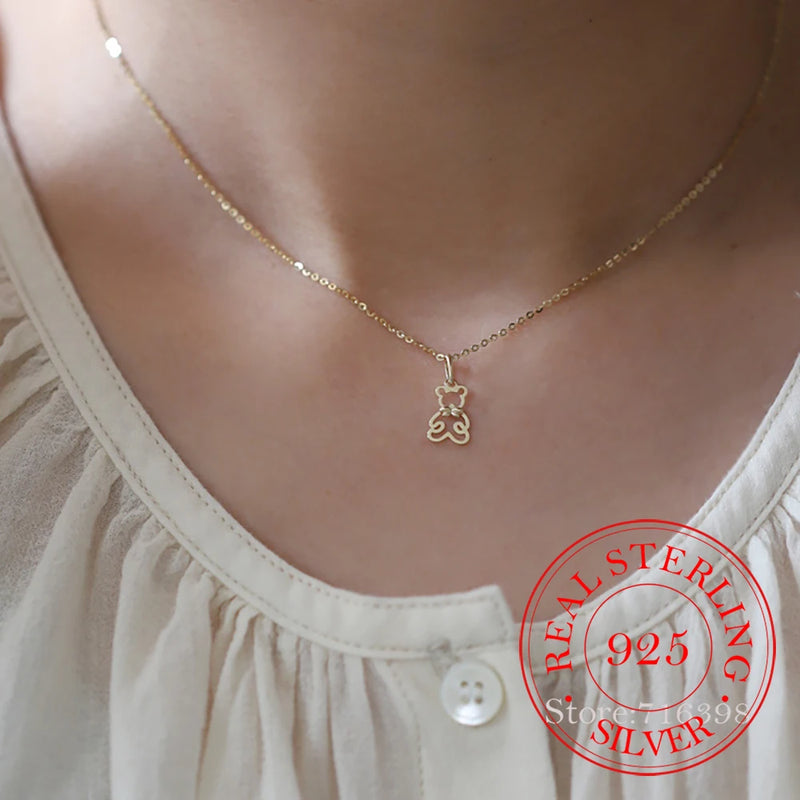 S925 Sterling Silver Bow Bear Choker Necklace Pendant for Women