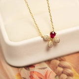 Sterling Silver Ruby Clover Choker Necklace Pendant 14K Plated