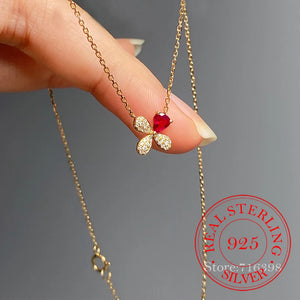 Sterling Silver Ruby Clover Choker Necklace Pendant 14K Plated