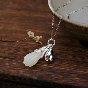 S925 Sterling Silver Hetian Jade Magnolia Lady Pendant