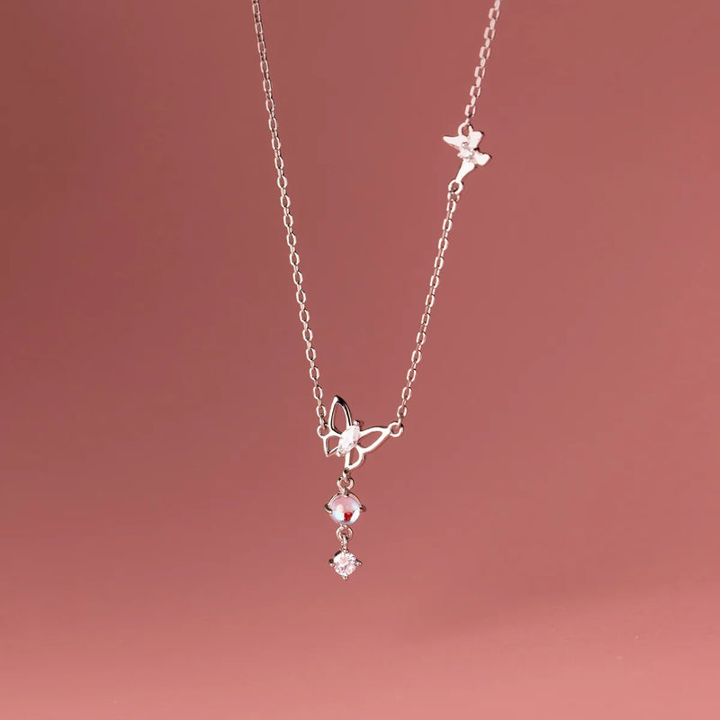 Sterling Silver Crystal Butterfly Choker Necklace Pendant 14K Plated