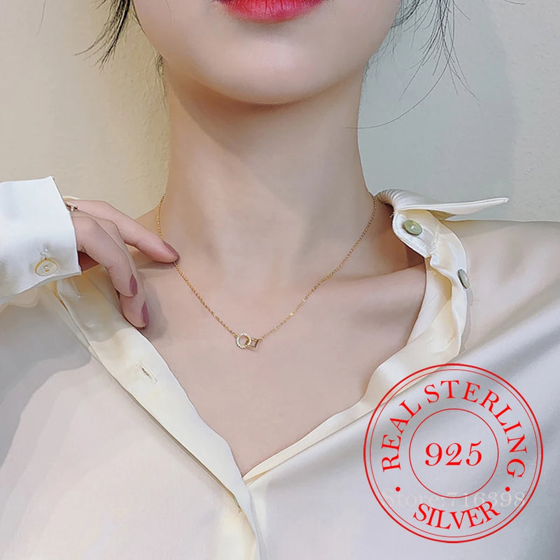 S925 Silver Crystal Circle Choker Necklace Pendant 14K Plated Women Gift