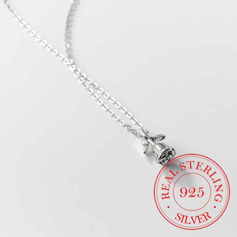Sterling Silver Crystal Rose Flower Choker Necklace Pendant 14K Plated