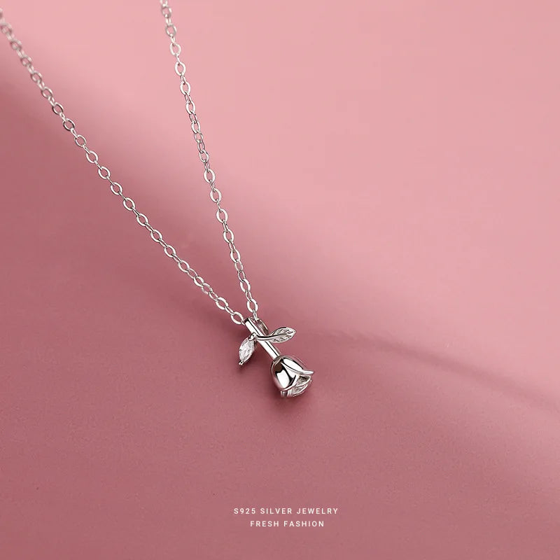 Sterling Silver CZ Rose Flower Pendant Necklace