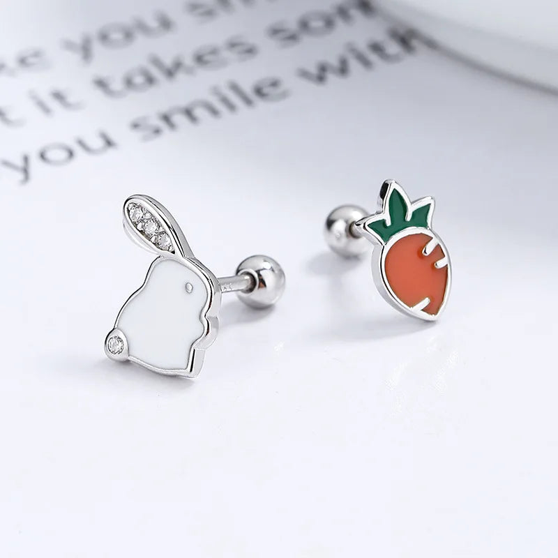 S925 Silver Rabbit Carrot Stud Earrings Crystal