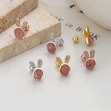S925 Sterling Silver Rabbit Strawberry Crystal Threaded Earrings