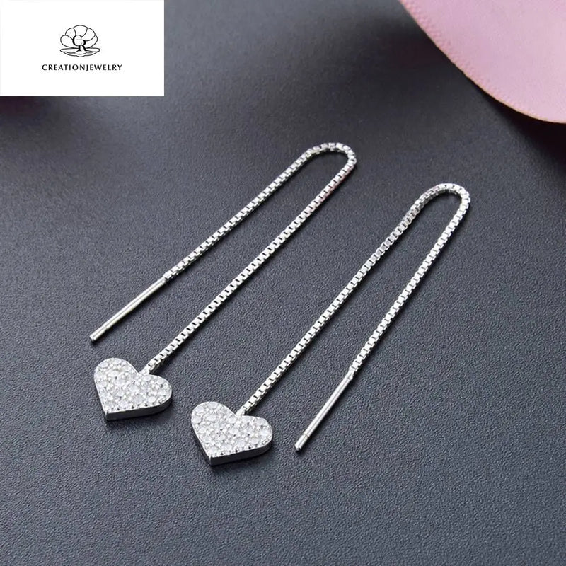 925 Silver Diamond Long Love Earrings Women's Versatile Silver Jewelry
