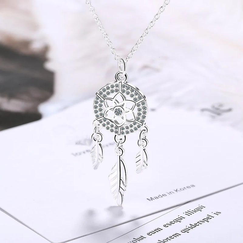 925 Sterling Silver Dream Catcher Necklace Zircon Clavicle Necklace