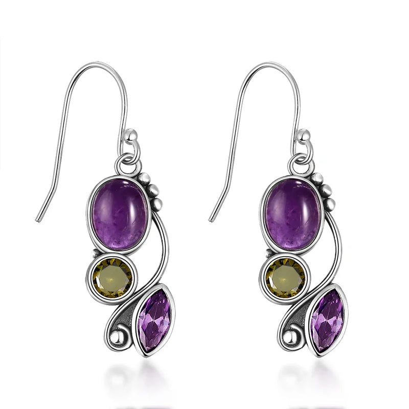 S925 Silver Amethyst Drop Earrings - Wedding Fine Jewelry