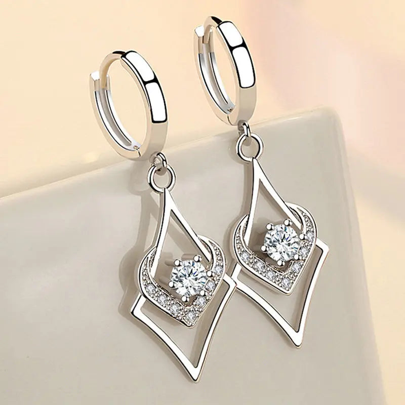 S925 Sterling Silver Heart Zircon Earrings 40MM Long