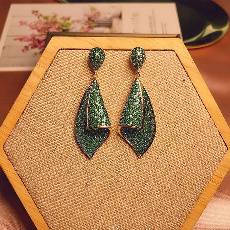 S925 Sterling Silver Water Droplet CZ Crystal Leaf Earrings