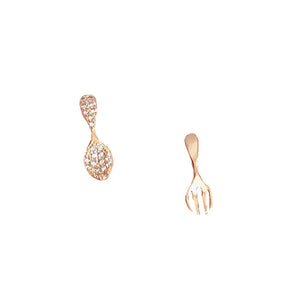 S925 Silver Asymmetric Spoon Fork Ear Stud Earrings with Zircon