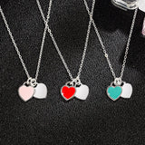 Enamel Peach Heart Necklace Double Love Couple Gift Pendant