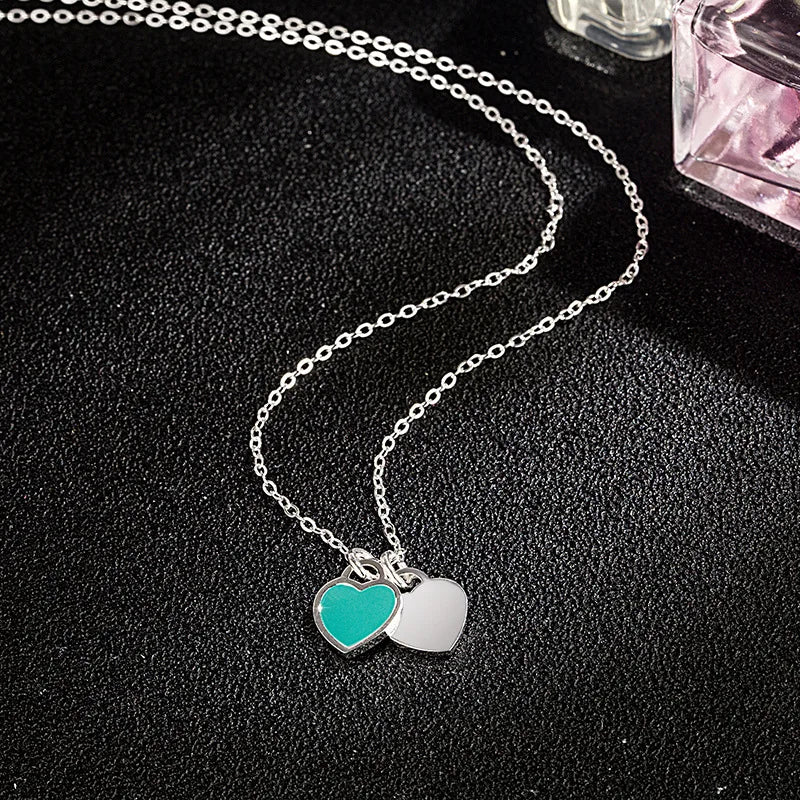 Enamel Peach Heart Necklace Double Love Couple Gift Pendant