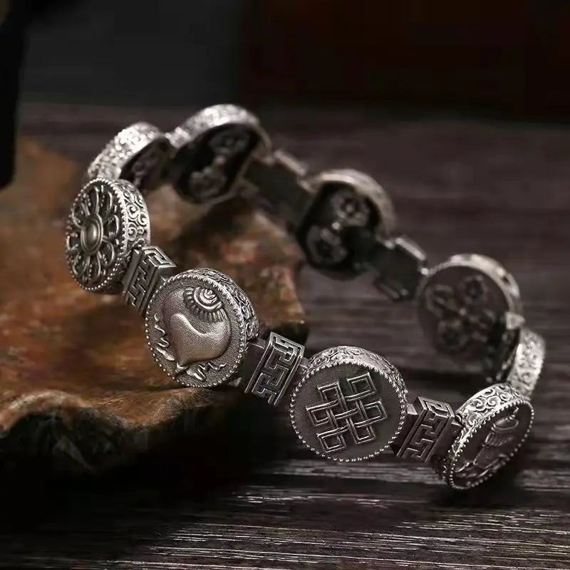 S925 Sterling Silver Ethnic Style Buddhist Eight Treasures Retro Bracelet