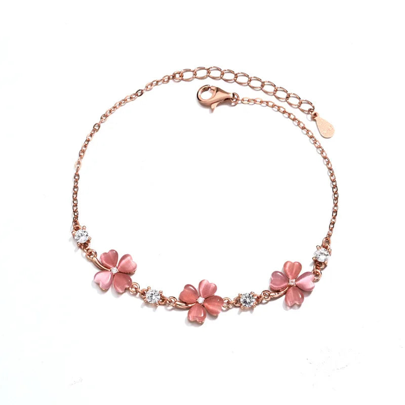 925 Silver 4-leaf Clover Bracelet with 14K Crystal Charm for Women