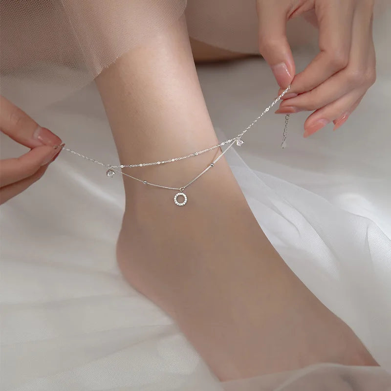 S925 Sterling Silver 2-layer Crystal Anklet for Women Girls