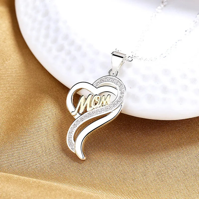 Sterling Silver Mom Zircon Heart Necklace 18 Inches