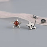 S925 Star Stud Earrings Southern Red Agate Inlaid Thai Silver Women's Earrings