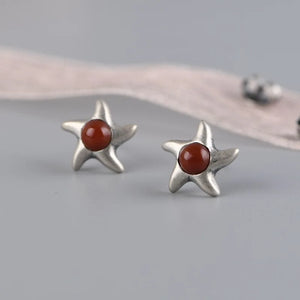 S925 Star Stud Earrings Southern Red Agate Inlaid Thai Silver Women's Earrings