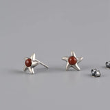 S925 Star Stud Earrings Southern Red Agate Inlaid Thai Silver Women's Earrings
