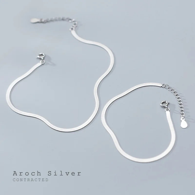 S925 Sterling Silver Flat Snake Chain Anklet Bracelet Women Delicate Foot Chain