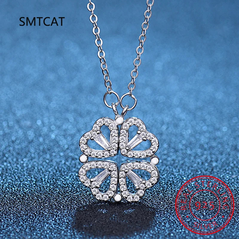 Sterling Silver Clover Necklace Magnetic Heart Pendant Women Gift