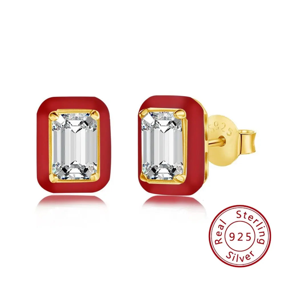 Sterling Silver Geometric Stud Earring Colored Zircon Crystal Party Wedding Gift