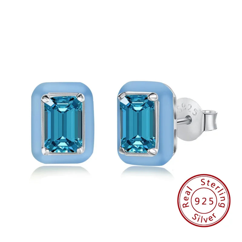 Sterling Silver Geometric Stud Earring Colored Zircon Crystal Party Wedding Gift